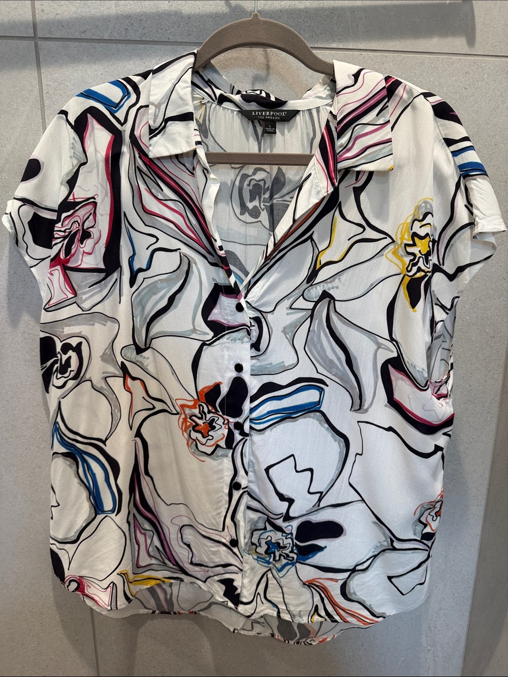 Liverpool White Short-Sleeve Button-Down with Multicolor Abstract Floral Print